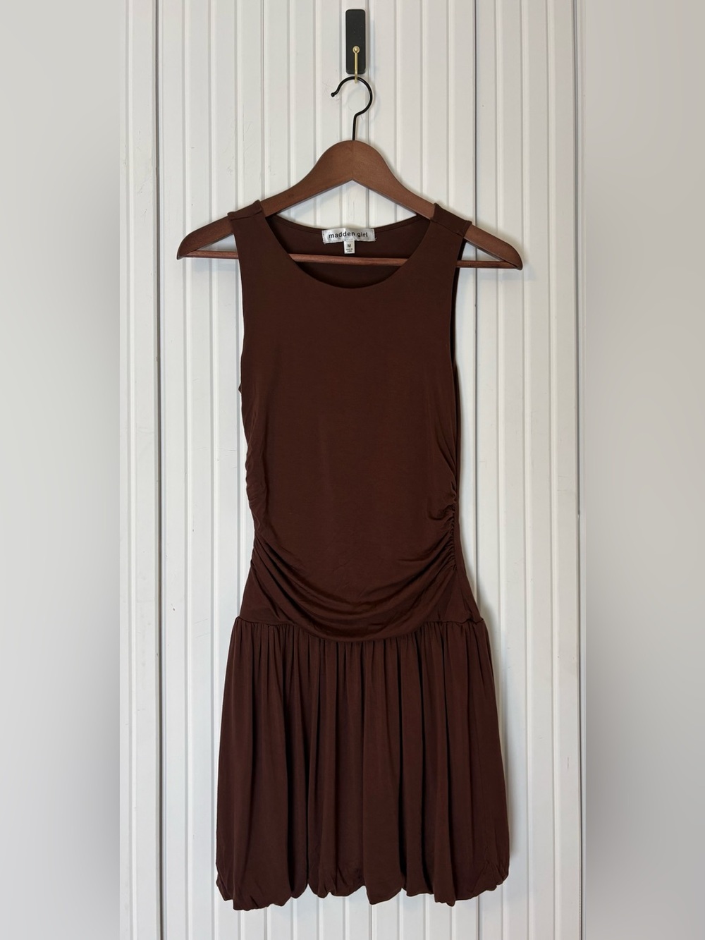 Madden Girl Dress Womens M Chocolate Brown Ruffle Drop Waist Ruched Ballerina